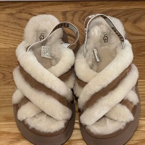 UGG Cream and Tan Fluff Crossband Slide Sandals